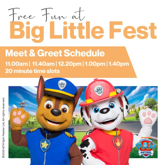 Paw Patrol Meet & Greet Time Schedule! 🐶
Your favourite rescue pups will be making 5 special appearances throughout the day, with each session running for 20 minutes only.

We’ll do our best to give as many families as possible a Meet & Greet experience! Please note that each appearance will be limited to 20 minutes, so we appreciate your understanding and patience.

Please wait in the allocated line space before the appearance time.

#CoorparooSquare #BigLittleFest